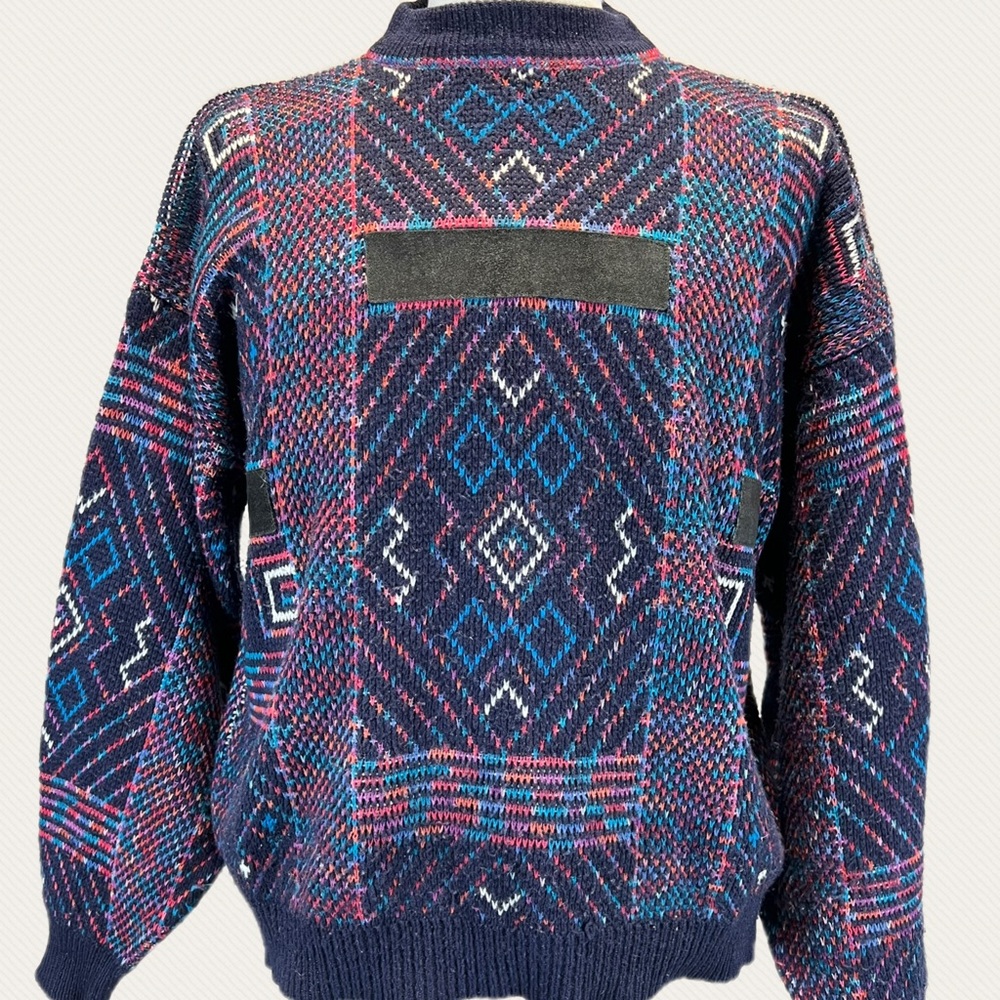VINTAGE 80s funky geometric multicolor knit sweater faux leather suede mens